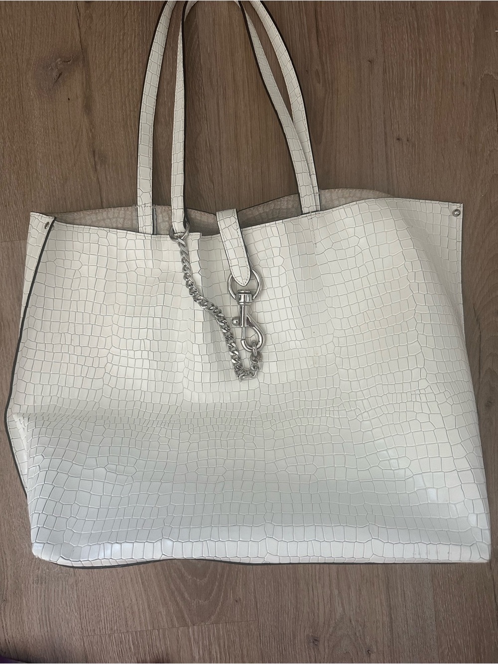 Rebecca Minkoff White Croc-Embossed Women's Tote Bag with Silver Chain Accent